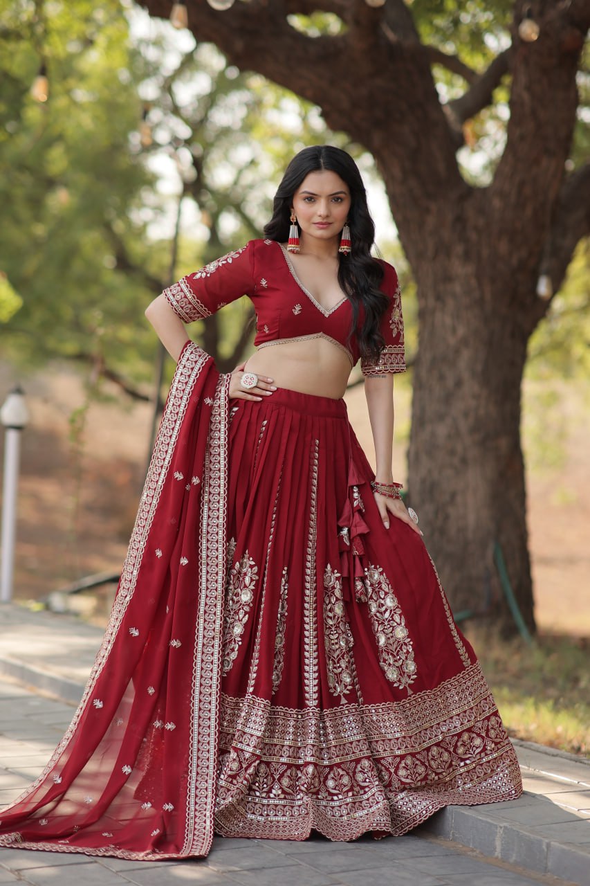 Maroon Sequin Embroidered Faux Blooming Georgette Lehenga Set