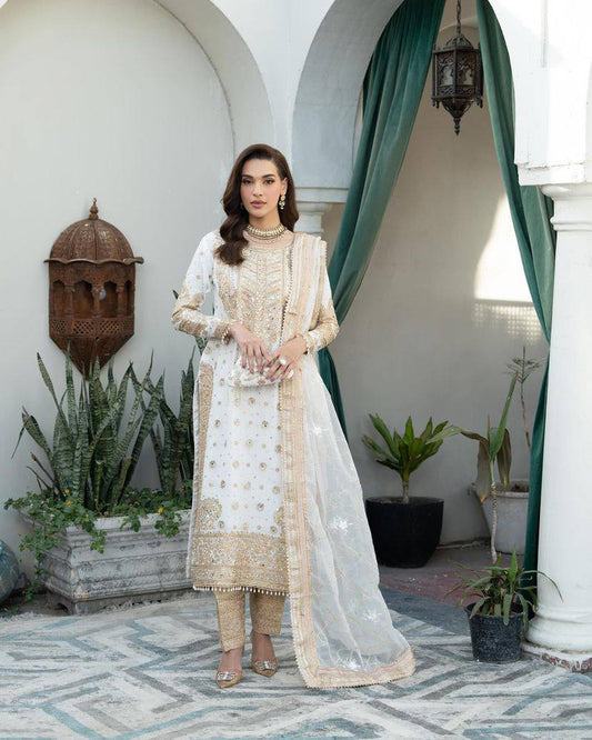 White Golden Chiffon Party Suit