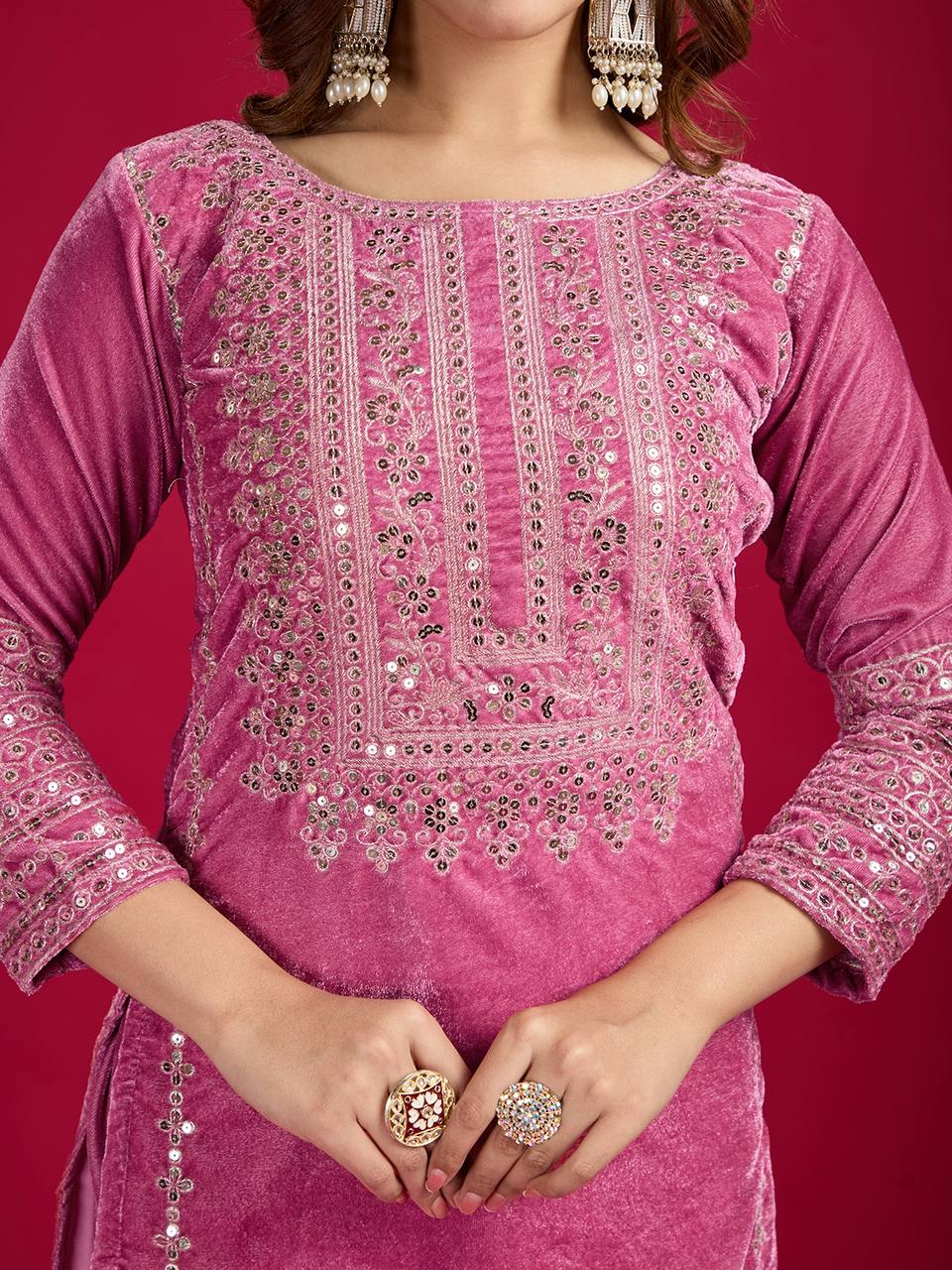 Pink Viscose Velvet Sequence Embroidery Work Salwar Suit