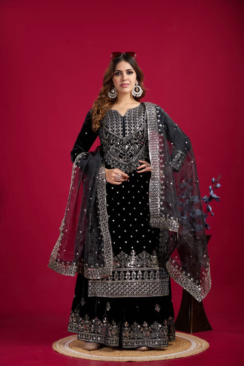 Black Velvet Kurta Sharara With Embroidery and Sequence Work With Dupatta