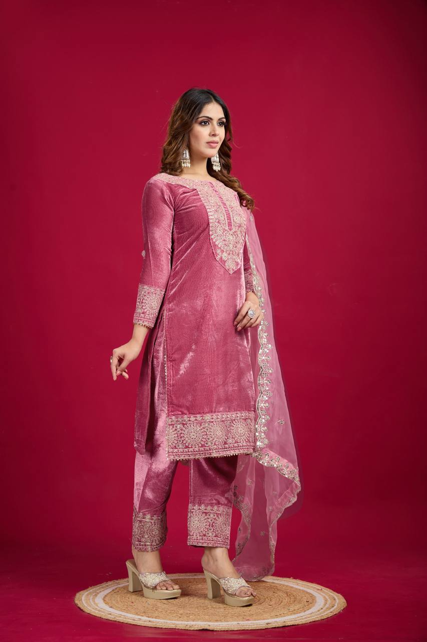 Function Wear Velvet Pink Color Salwar Suit With Duptta