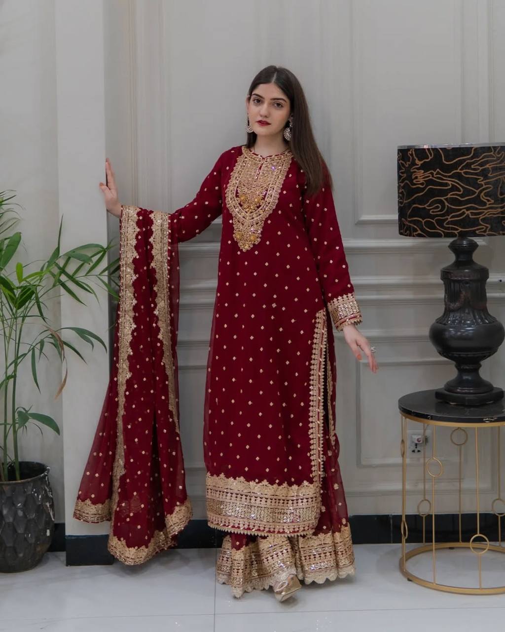 Maroon Georgette Embroidery Sequence Work Top Sharara With Dupatta