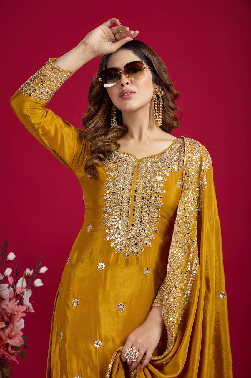 Yellow Chinnon Silk With Heavy Embroidery Sequence Work Top-Plazo And Dupatta Set