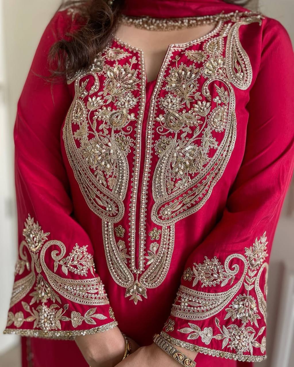 Red Chinono Top Bottom & Dupatta