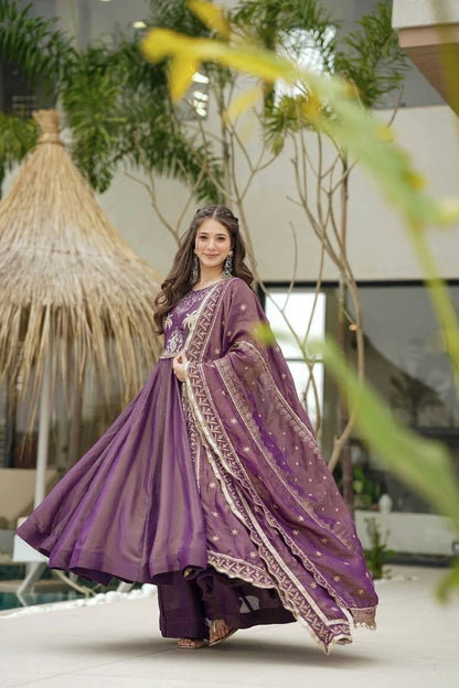 Party Wear Look Gown, Bottom And Dupatta In Fully Flair With Attached Pad Suit