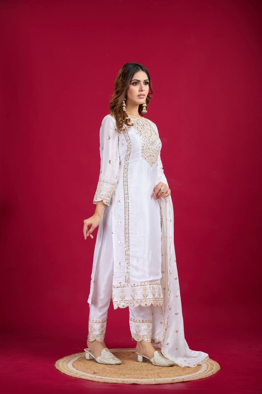 White Color Salwar Suit in Chinon With Heavy Sequins Embroidery and Real Mirror