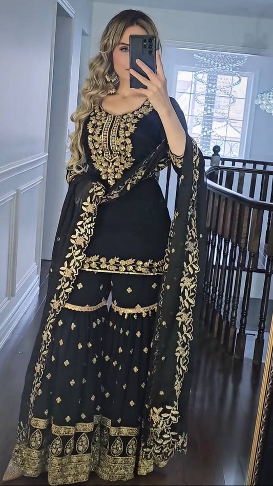 Grand Black Color Georgette Embroidery Sequence Sharara Suit