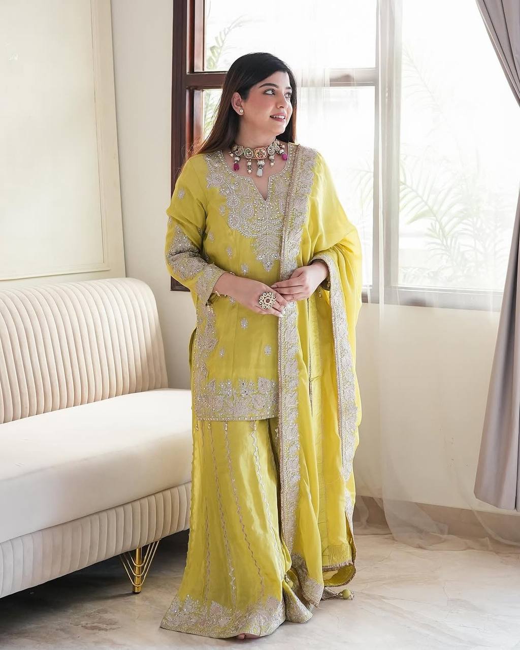 Heavy Chinon Silk With Heavy Embroidery Sequence Work Yellow  Kurta Sharara With Dupatta