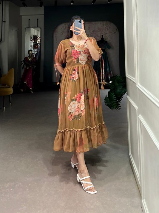 Brown Color Western Dress with Fancy Sleeve in Georgette With Floral Print