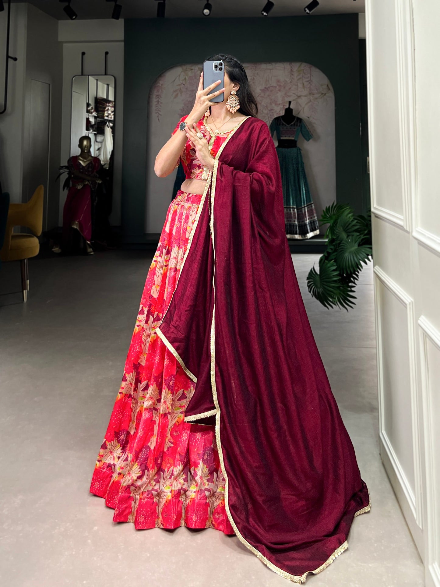 Red Color Tussar Silk Floral Printed Lehenga Choli