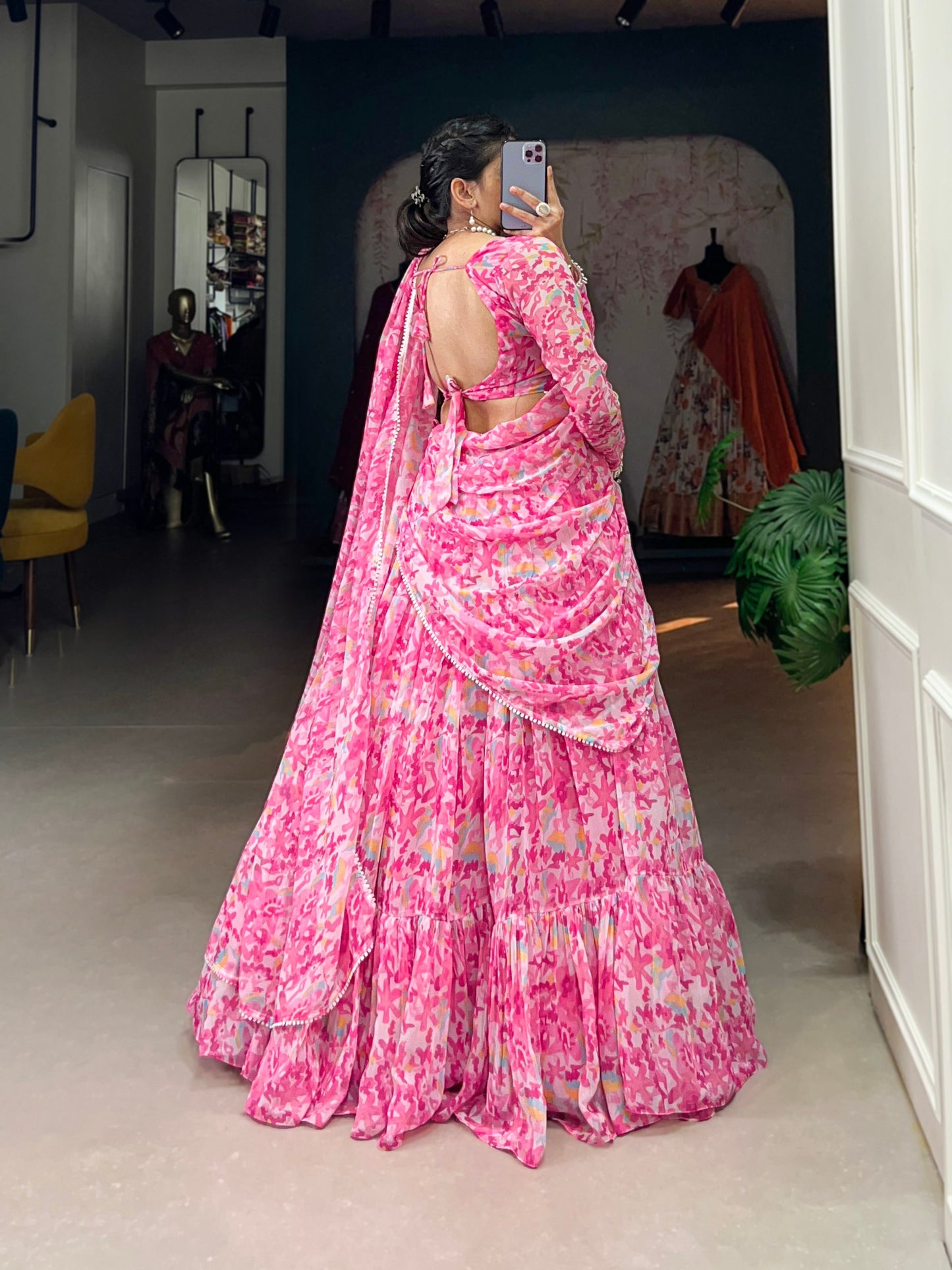 Pink Floral Printed Georgette Tiered Tradition Style Lehenga Choli