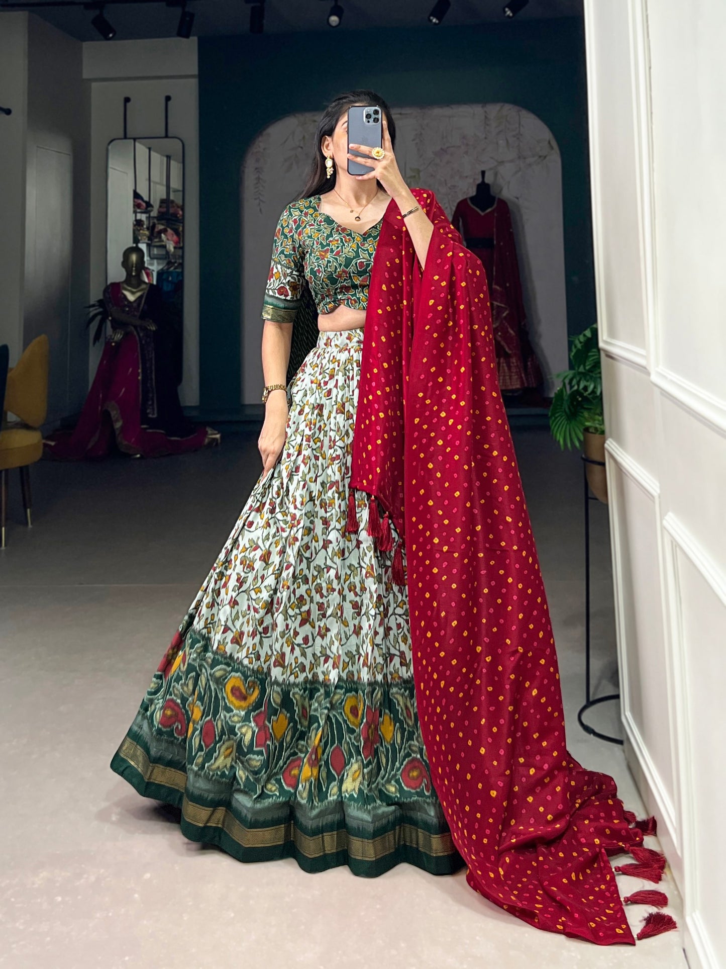 Tussar Silk Floral Print Aqua Blue and Green Trendy Lehenga Choli