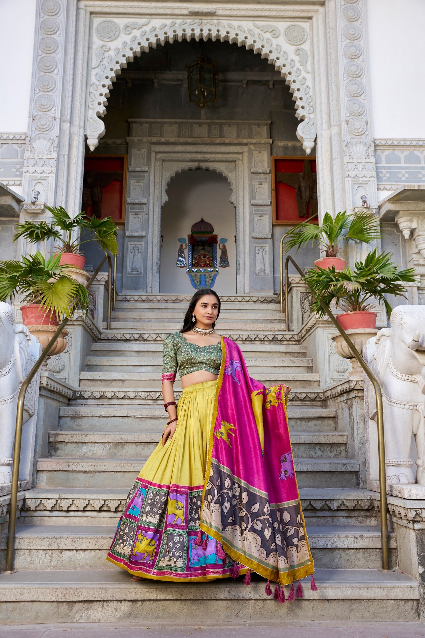 Mustard Yellow Color Tussar Silk Kalamkari Printed Lehenga Choli