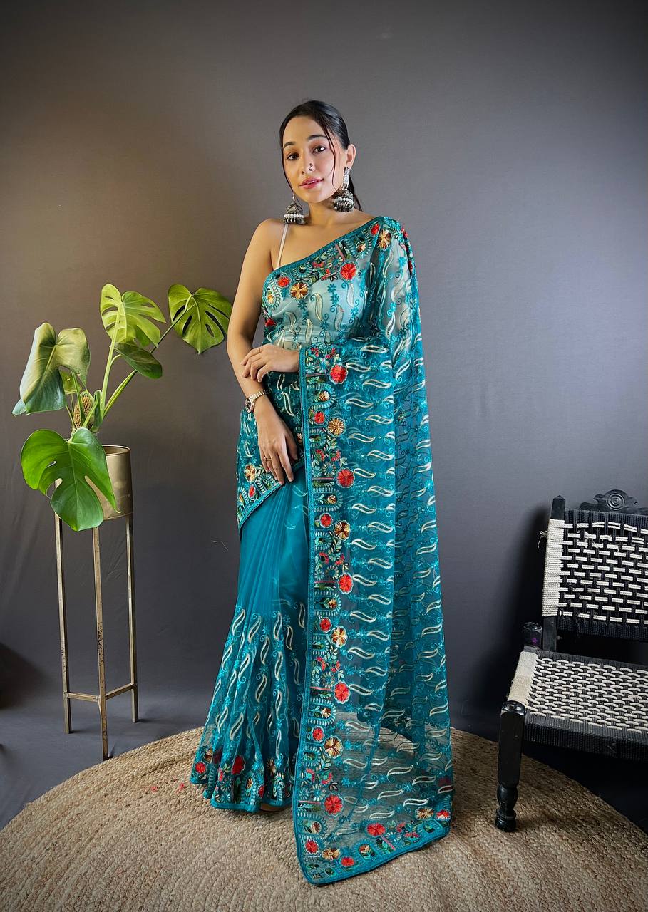 Bollywood Designer Rama Green Saree with Chain Stitch Work