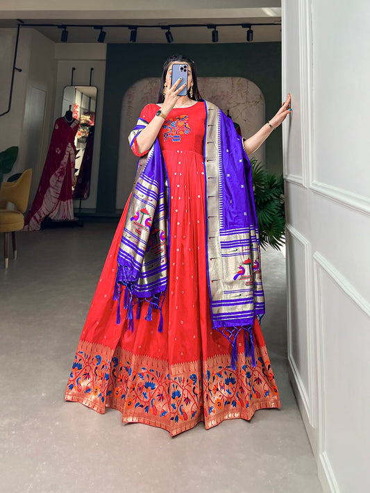 Designer Orange Printed Dola Silk Red Gown With Dupatta