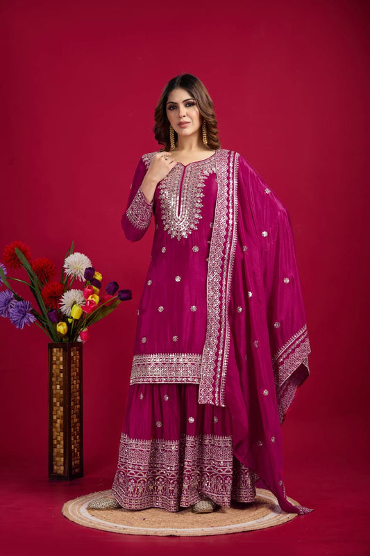 Pink Chinnon Silk With Heavy Embroidery Sequence Work Top-Plazo And Dupatta Set
