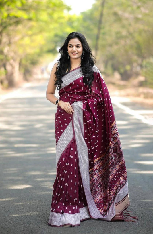 Wine Color Floral Woven Saree with Contrast Border