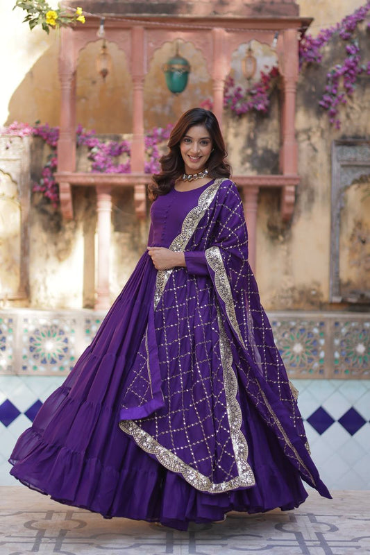 Purple Georgette Embroidered Flared Anarkali Gown Set