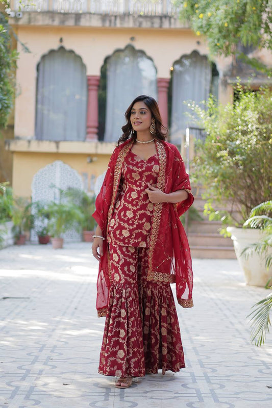 Premium Maroon Jacquard Silk Sharara-Gharara Suit