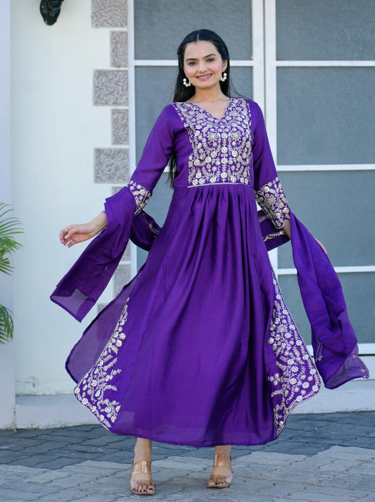 Embroidered Flared Kurta with Pants & Dupatta Set