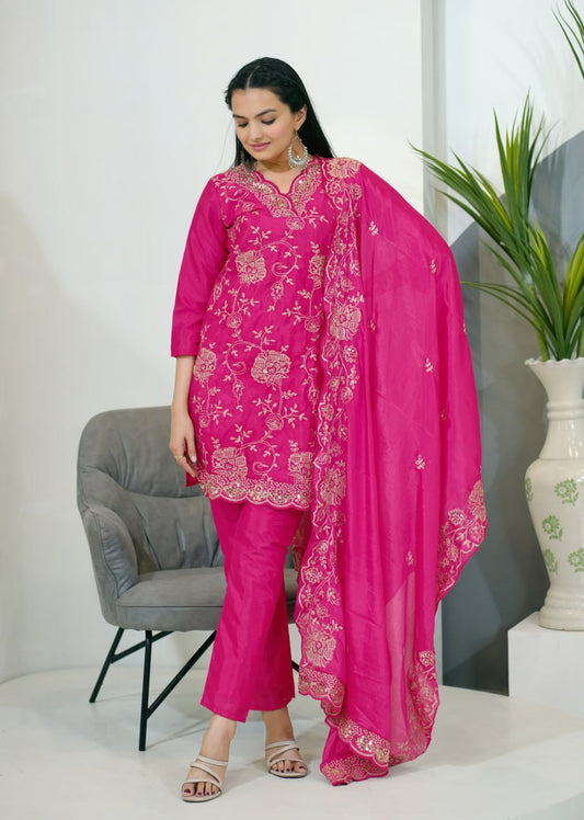 Pink Embroidered Straight Kurta Set
