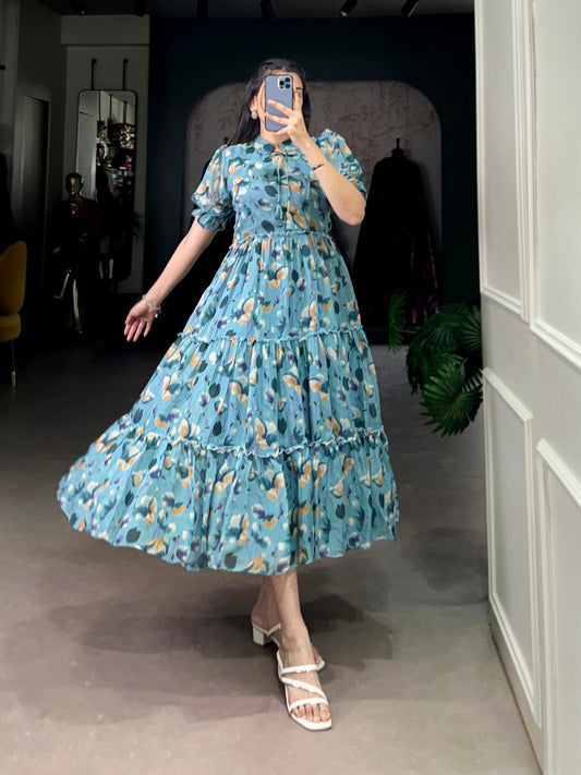 Sky Blue Floral print Chiffon Frock Collection Designed for Effortless Grace