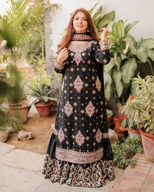 Exquisite Black Georgette Long Kurti with Embroidered Sharara & Dupatta