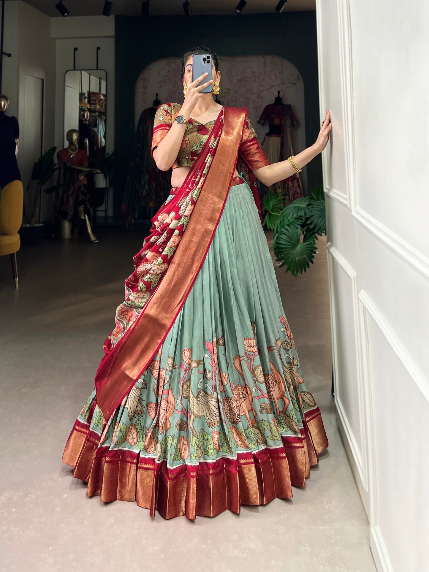 Pure-dola Weaving Lehenga Choli In Sky Green Colour