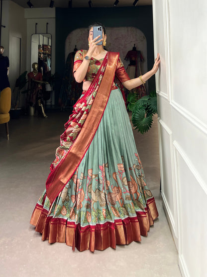 Pure-dola Weaving Lehenga Choli In Sky Green Colour