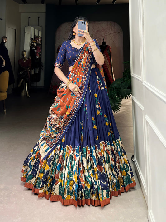 Navy Blue Tussar Silk Kalamkari Lehenga Set with Zari Weaving Border
