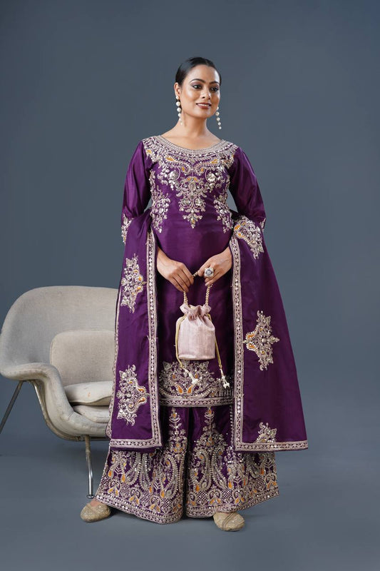 Purple Color Top Palazzo Suit With Dupatta in Chinon With Sequence Embroidery