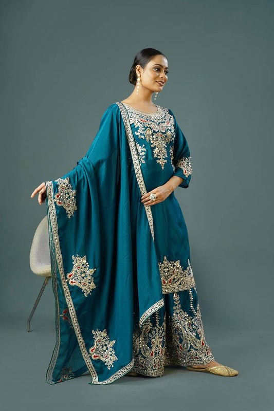 Firozi Color Top Palazzo Suit With Dupatta in Chinon With Sequence Embroidery