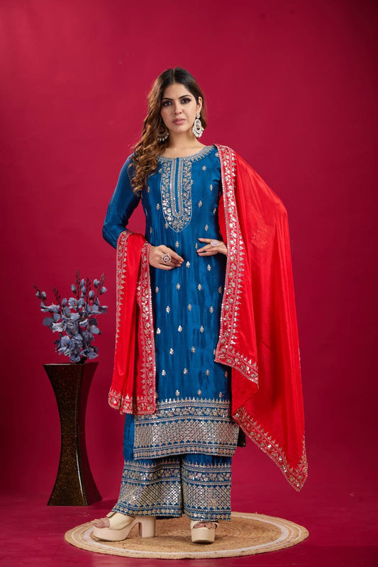Blue-Red Chinnon Silk Embroidered  Top-Bottom And Dupatta Set Fully Stitched Ready To Wear