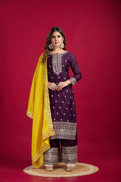 Wine-Yellow Chinnon Silk Embroidered Top-Bottom And Dupatta Set Fully Stitched Ready To Wear