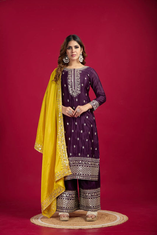 Wine-Yellow Chinnon Silk Embroidered Top-Bottom And Dupatta Set Fully Stitched Ready To Wear