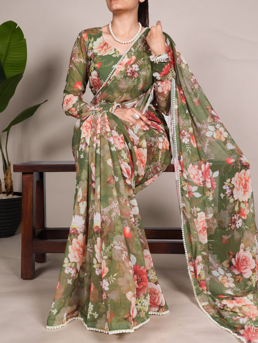 Mehendi Refined Beauty Weightless Marble Printed Saree with Pearl Lace Border
