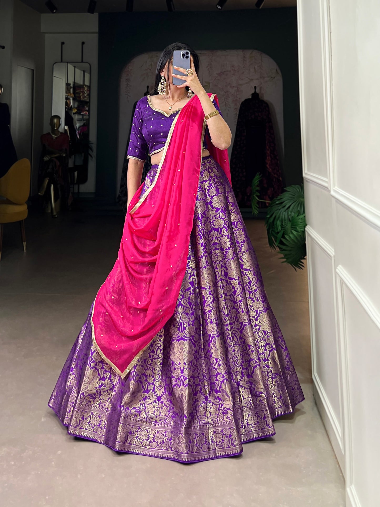 Jacquard Silk Zari Weaving Work South Indian Style Lehenga Set In Purple