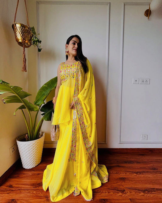 Designer Yellow Faux Georgette Plazo Set with 9mm Sequins Work – Festive & Partywear Outfit