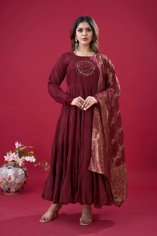 Elegant Maroon Roman Silk Gown Set | Festive & Wedding Wear