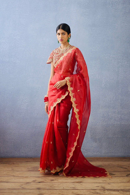 Designer Organza Silk Red Saree with Thread & Sequence Work