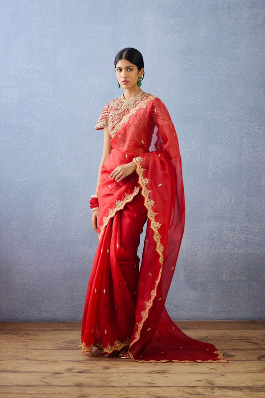 Designer Organza Silk Red Saree with Thread & Sequence Work