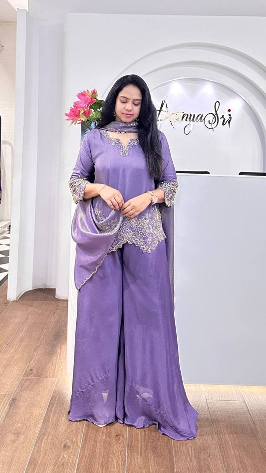 Embroidered Faux Georgette Purple Co-Ord Set with Plazzo and Dupatta – Ready-to-Wear Indian Ethnic Outfit for Women