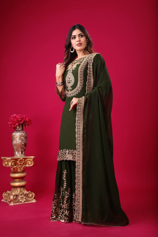 Blooming Faux Georgette Embroidered Green Co-Ord Set with Plazzo and Dupatta – Ready-to-Wear Ethnic Outfit for Women