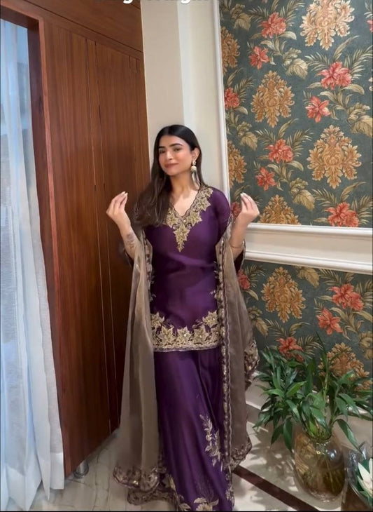 Pure Chinnon Silk Embroidered Co-Ord Set with Plazzo and Jimmy Choo Dupatta – Ready-to-Wear Ethnic Outfit for Women