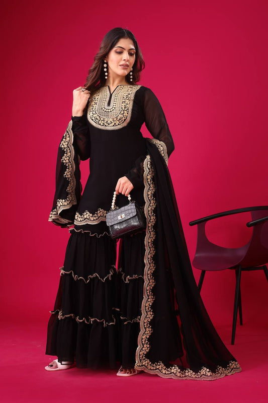 Blooming Faux Georgette Embroidered Co-Ord Set with Plazzo and Dupatta – Fully Stitched Ethnic Outfit for Women