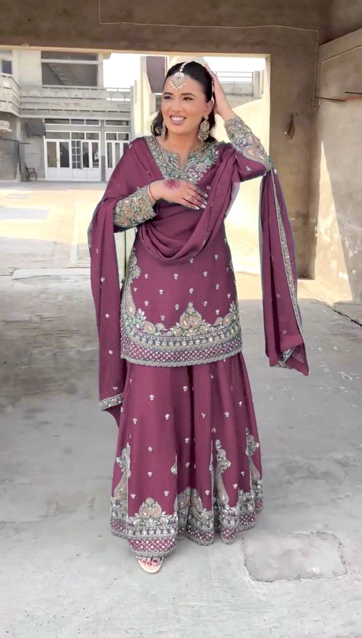 Heavy Chinnon Silk Embroidered Pink Sharara Set with Dupatta – Fully Stitched Ethnic Wear for Women