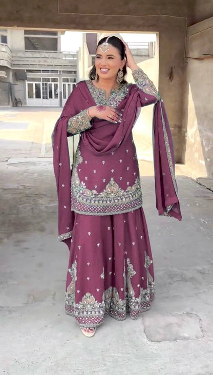 Heavy Chinnon Silk Embroidered Pink Sharara Set with Dupatta – Fully Stitched Ethnic Wear for Women