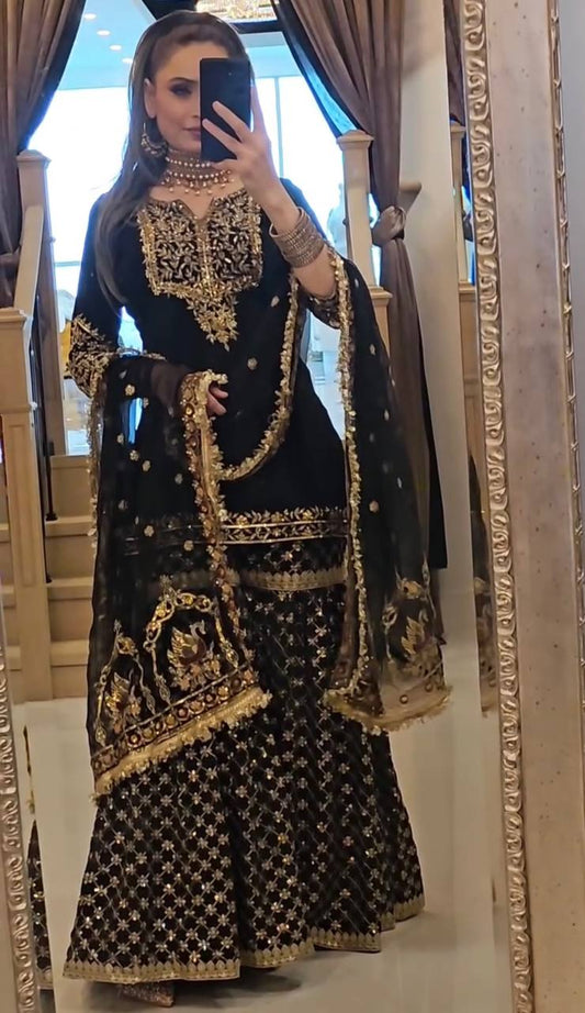 Elegant Heavy Faux Georgette Sharara Suit with Dupatta – Fully Stitched Embroidered Partywear for Women