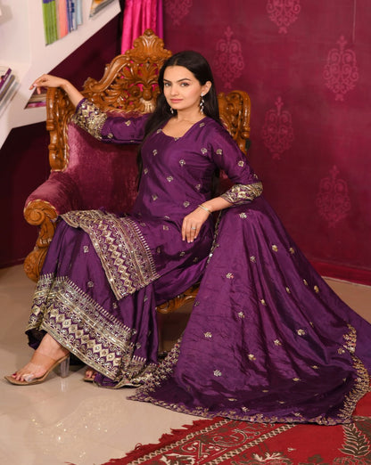 Chinon Embroidered Wine Sharara Suit Set with Dupatta – Fully Stitched Ethnic Wear for Women