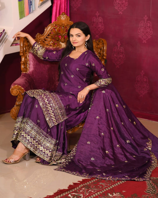 Chinon Embroidered Wine Sharara Suit Set with Dupatta – Fully Stitched Ethnic Wear for Women
